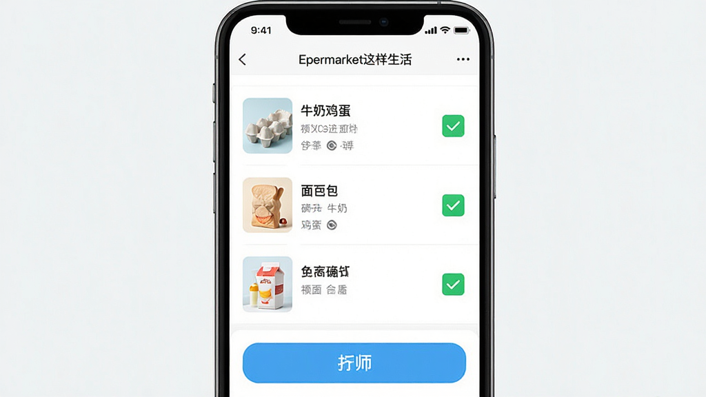 һ�Ź�����ʾ��ͼ����Epermarket�������APP�Ĺ����嵥ҳ�棬���б���ʽչʾţ�̡��������������Ʒ��ÿ����Ʒ�Ա��й�ѡ״̬������������������������Ŀ�������ˬ�����ʸɾ��޶���Ԫ�ء�