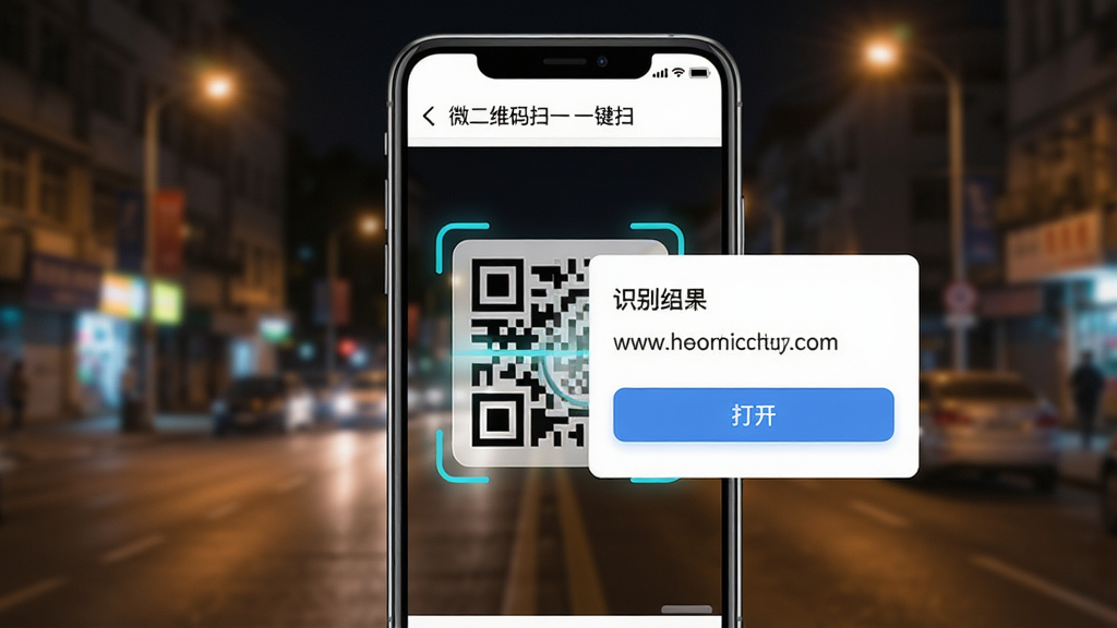 一个手机应用界面,界面标题为“微二维码扫一扫一键扫”,手机屏幕上展示一个二维码被扫描后瞬间弹出结果页面的动态效果,背景是模糊的街道夜景灯光,手机画面清晰,显示识别结果卡片,卡片上有网址链接和“打开”按钮,界面风格简洁明快,画质干净,无多余元素。