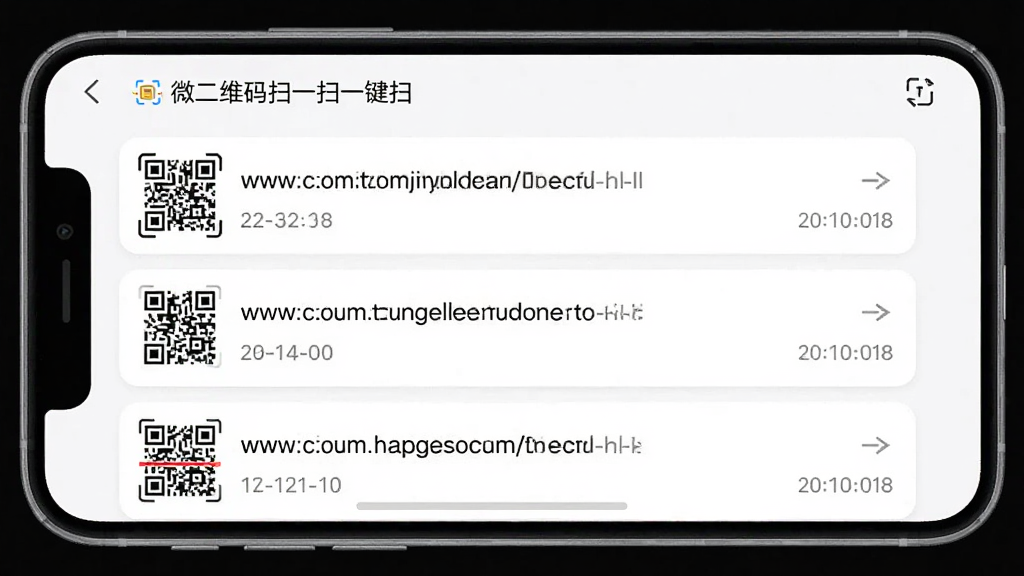 一个手机应用的历史记录列表界面,应用名称为“微二维码扫一扫一键扫”,界面上整齐排列着若干条扫描记录,每条记录左侧有一个小的二维码缩略图,右侧显示网址或文本摘要以及对应的日期时间,界面采用卡片式布局,背景干净,图标清晰,文字可读性高。
