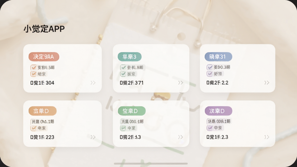 С����APP���嵥����ҳ�棬�Կ�Ƭ��ʽչʾ��ͬ����ľ������ÿ�ſ�Ƭ�в�ɫ��ǩ�����ڣ�������ͣ��Ű����룬�ִ���Լ��񣬻��ʸɾ��޶���Ԫ��
