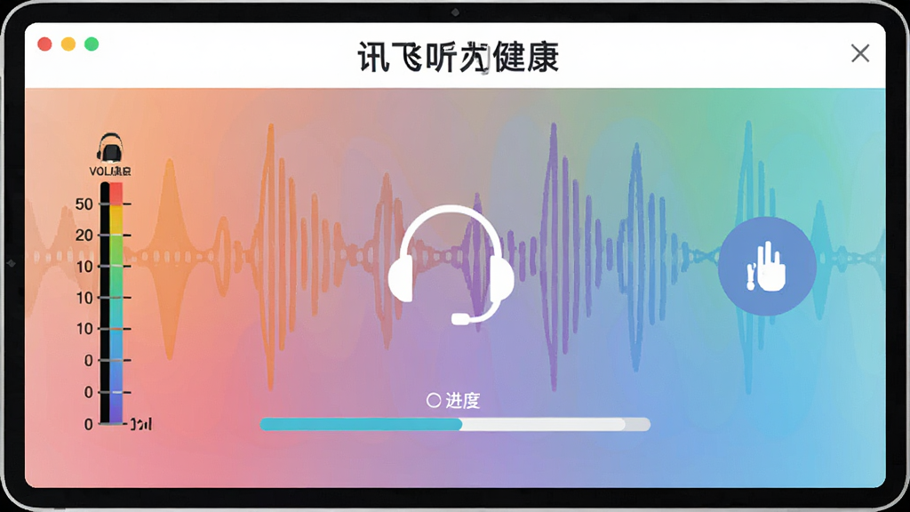一张测试界面示意图,主体是“讯飞听力健康”的听力测试页面,左侧显示音量刻度,右侧是点击按钮,背景为渐变色声波图案,布局简单,排版居中,风格扁平化,细节包含耳机图标和进度条,画质干净无多余元素。
