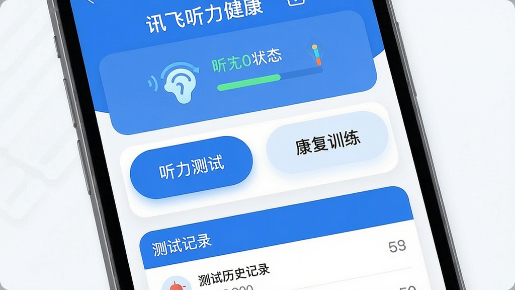 一张手机屏幕截图,主体是“讯飞听力健康”APP的首页界面,布局清晰,顶部显示听力状态图标,中间有“听力测试”和“康复训练”两个大按钮,底部是测试历史记录列表。排版采用卡片式设计,蓝白主色调,风格简洁现代,细节圆润,画质干净无多余元素。