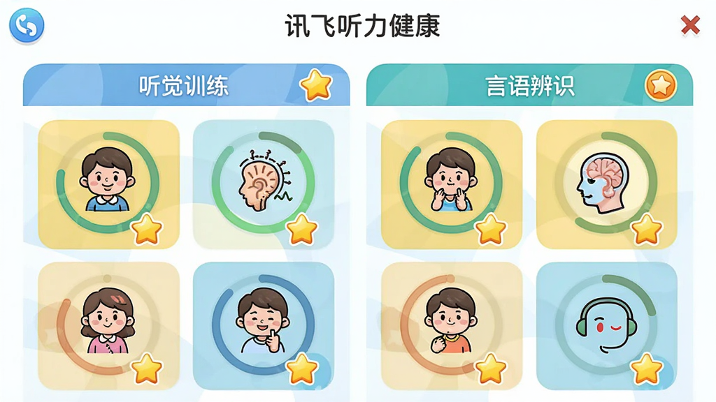 一张康复训练界面截图,主体是“讯飞听力健康”的康复训练页面,界面有“听觉训练”和“言语辨识”两个模块,每个模块下有几个卡通图标,布局为网格状,排版整齐,风格活泼且易读,细节有进度环和奖励星星,画质干净无多余元素。