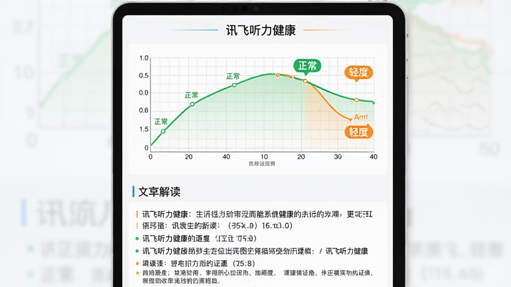 一张报告页面示意图,主体是“讯飞听力健康”的测试报告页面,布局为上下结构,上半部分是听力图曲线,下半部分是文字解读,排版清晰,风格专业但不冰冷,细节有绿色“正常”和橙色“轻度”标签,画质干净无多余元素。