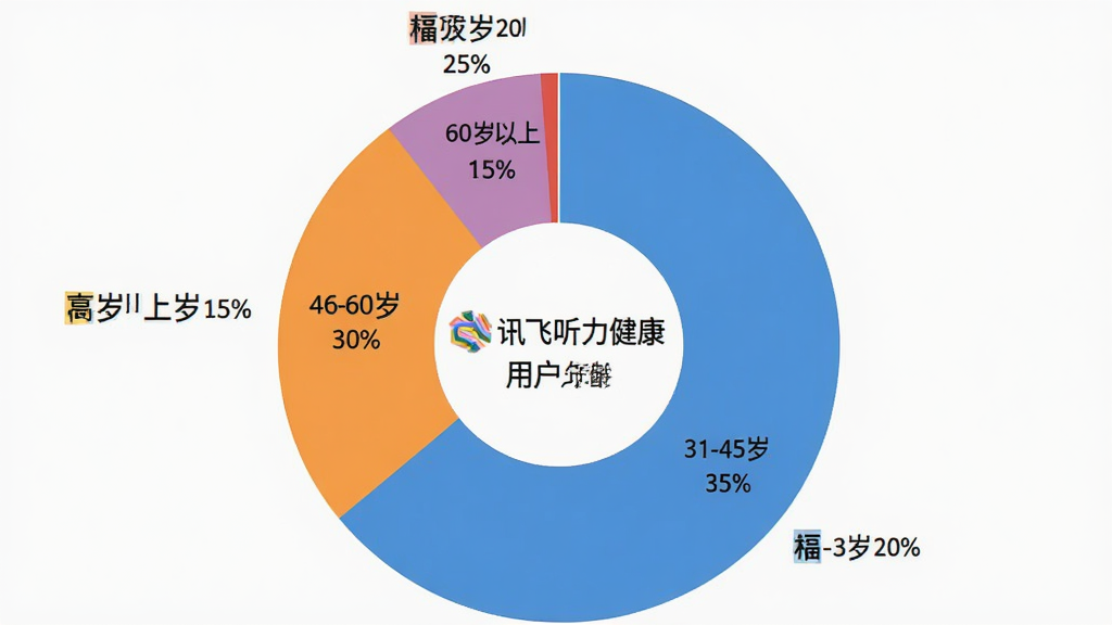 一张饼状图,展示“讯飞听力健康”用户年龄分布:18-30岁占20%,31-45岁占35%,46-60岁占30%,60岁以上占15%。布局为彩色环形饼图,排版清晰,风格简洁,细节有百分比标签,画质干净无多余元素。