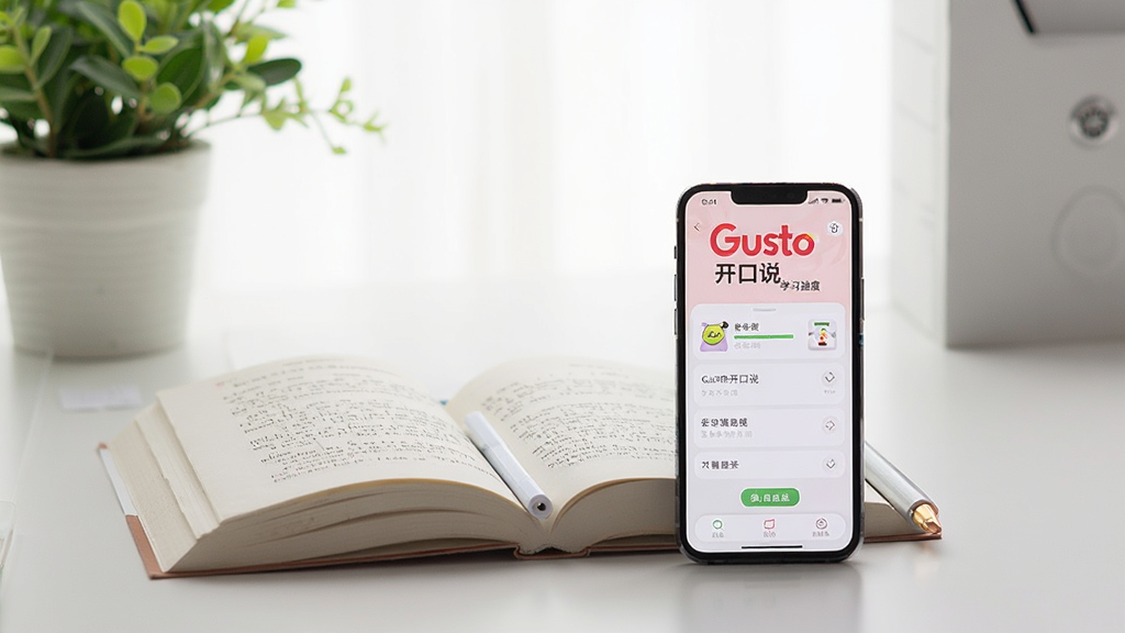 一本打开的书旁边放着一部手机,手机屏幕显示“Gusto开口说”的学习进度界面,背景是整洁的书桌,有绿植点缀,光线明亮柔和,画面温馨,画质干净无多余元素。