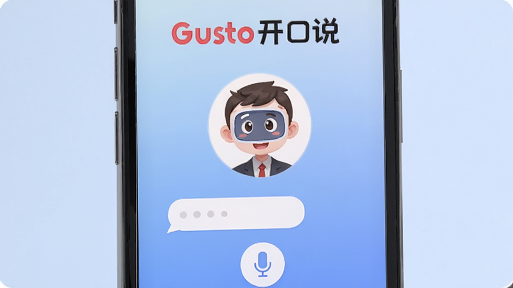 一张手机屏幕特写,屏幕占据画面中心,显示应用主界面,顶部有“Gusto开口说”字样,中间是一个卡通AI外教头像,下方是对话气泡和麦克风按钮,背景是柔和的渐变蓝色,整体风格现代简洁,画质干净无多余元素。