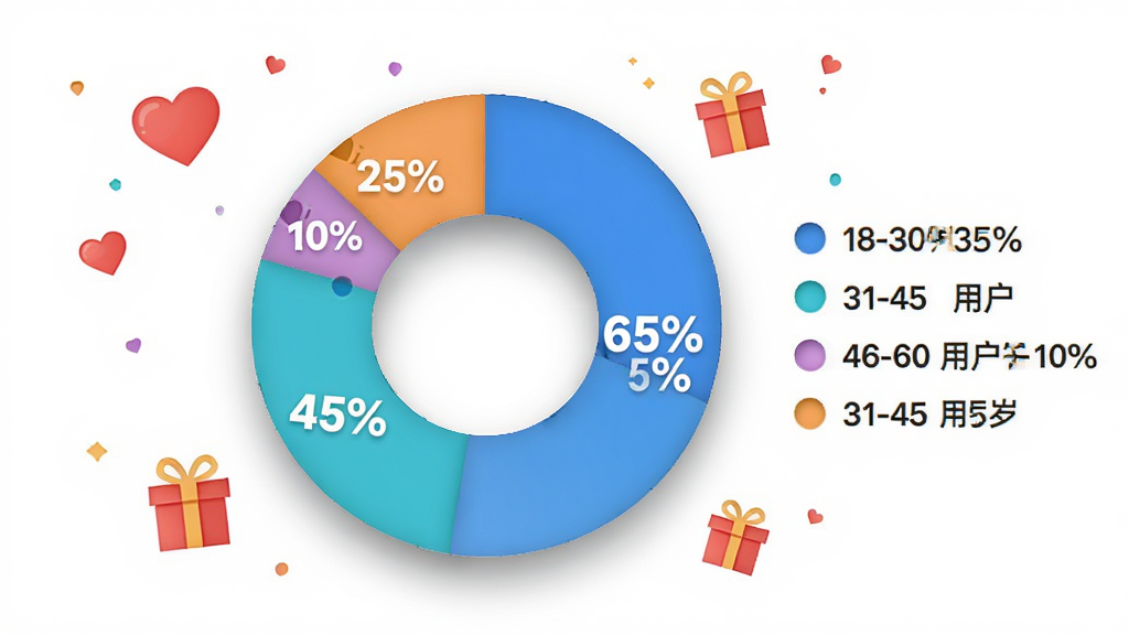 ���壺һ��Բ��ͼ����ʾ18-30���û�ռ65%��31-45���û�ռ25%��46-60���û�ռ10%��ÿ�������ò�ͬ��ɫ���֣��Ա���ͼ��˵�������֣�ͼ�����У���Χ�а��ĺ�����ͼ��װ�Σ��Ű棺��������������ֱ�ۣ���񣺼���ִ���ɫ�����죻ϸ�ڣ�ͼ����Ե����ӰЧ�������ݱ�ǩ��Ŀ�����ʣ����壬�ɾ��޶���Ԫ�ء�