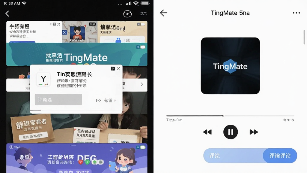 һ�ŶԱ�ͼ�����������App���棬�����˸��ֹ�浯���ͺ�����ұ���TingMate�Ĳ��Ž��棬�ɾ��޹�棬ֻ�в��ſ����������۰�ť���γ������Աȣ�����࣬���ʸɾ���ͻ��TingMate������