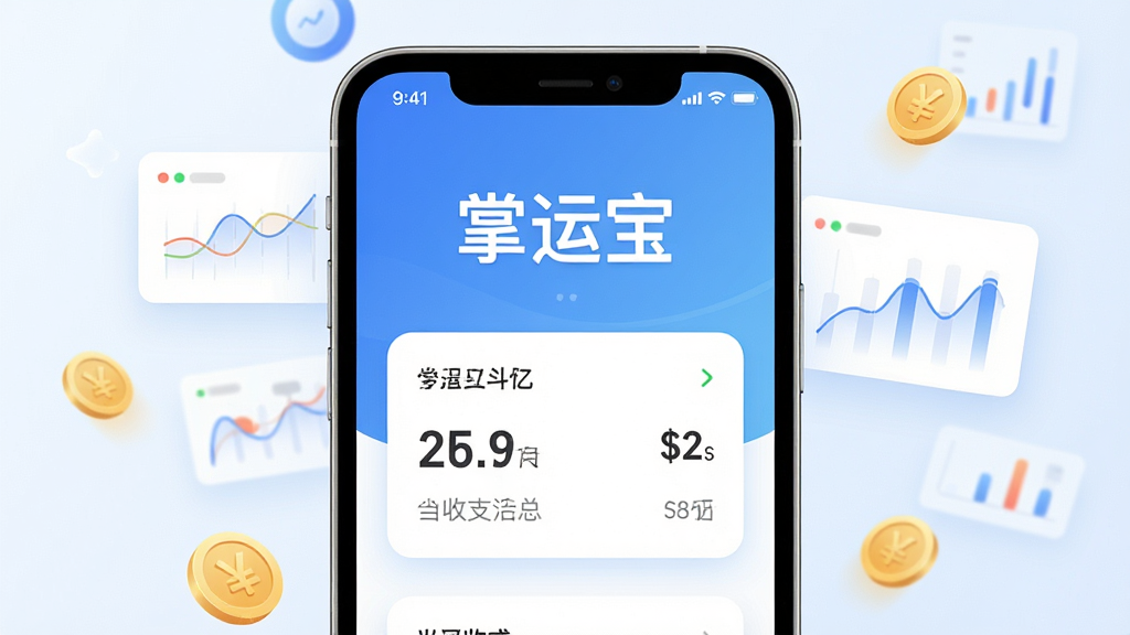 一张展示掌运宝手机app主界面的高清渲染图,手机屏幕中央显示“掌运宝”三个字和当日收支汇总卡片,背景为简洁的蓝白渐变,四周有轻盈的悬浮数据图表和金币图标,整体布局现代扁平,细节圆润,画质干净无多余元素