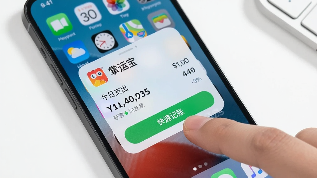 一张展示掌运宝在手机桌面上使用小组件快捷记账的实拍图,手机屏幕显示主屏幕背景,中央有一个掌运宝小部件,显示“今日支出”和“快速记账”按钮,手指正点击该按钮,画面清晰,背景简洁干净