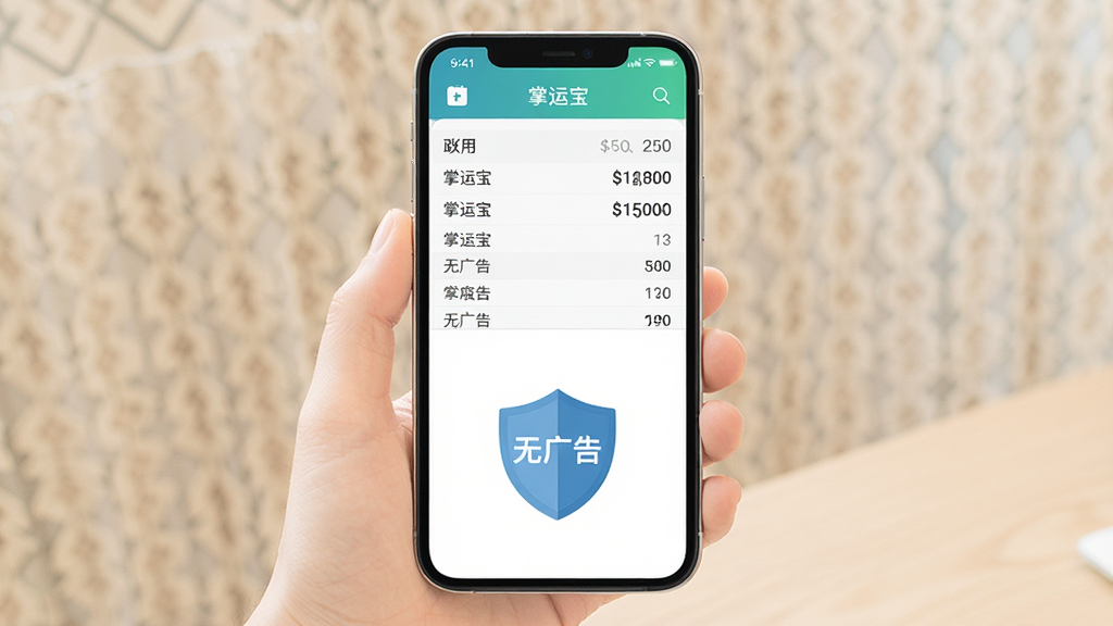 一张体现掌运宝纯净无广告优势的创意图片,手机屏幕被分为上下两部分,上半部分显示掌运宝清晰简洁的账目列表,下半部分空白并配有“无广告”的盾牌图标,整体色调柔和,构图简洁,画质干净