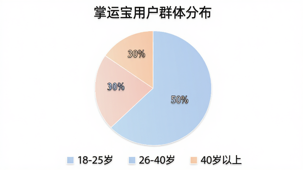 一张展示掌运宝用户群体分布的饼状图,图表下方有“18-25岁”、“26-40岁”、“40岁以上”三个图例,各占比例分别为30%、50%、20%,整体图表配色柔和,背景为白色,画质干净清晰