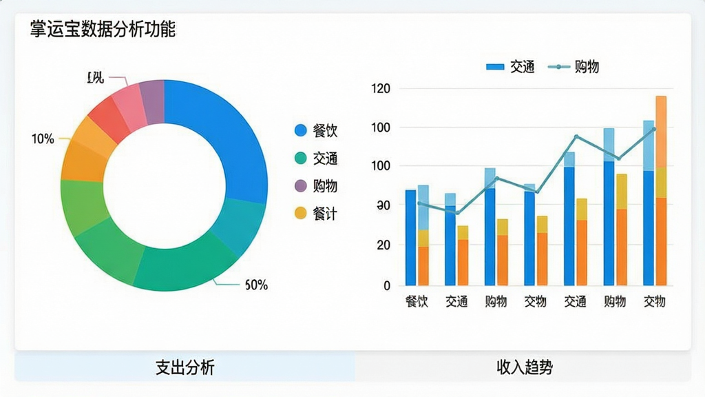 一张展示掌运宝数据分析功能的截图,屏幕上显示彩色环形图与柱状图,图例标有“餐饮”、“交通”、“购物”等类别,图表下方有“支出分析”和“收入趋势”标签,整体背景为清爽的白色,画质干净,风格清晰直观