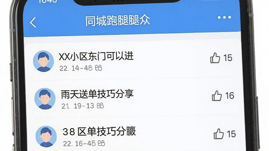 手机屏幕截图展示“同城跑腿众包”APP内的社区讨论区,列表中有多条帖子标题如“XX小区东门可以进”、“雨天送单技巧分享”,界面风格与主应用一致,蓝白配色,配有简单的头像和点赞图标,整体布局清晰,画质干净