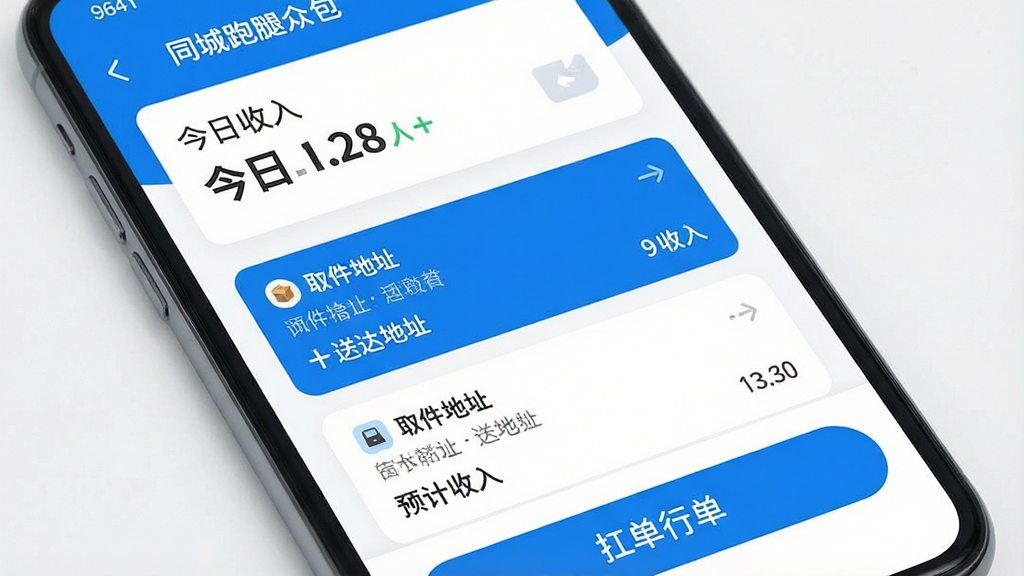 一张智能手机屏幕特写,屏幕上显示“同城跑腿众包”APP主界面,界面简洁现代,顶部显示今日收入金额,中间是滚动订单列表,每个订单卡片清晰标注取件地址、送达地址和预计收入,底部有抢单大按钮,整体风格扁平化,蓝白配色,画质干净明亮,无多余元素