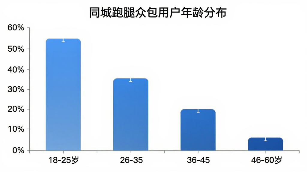 一个横向柱状图,标题为“同城跑腿众包用户年龄分布”,横轴为年龄段,分为18-25岁、26-35岁、36-45岁、46-60岁,纵轴为百分比,柱状图高度依次递减,颜色为蓝色渐变色,整体风格简洁商务,背景白色,画质清晰