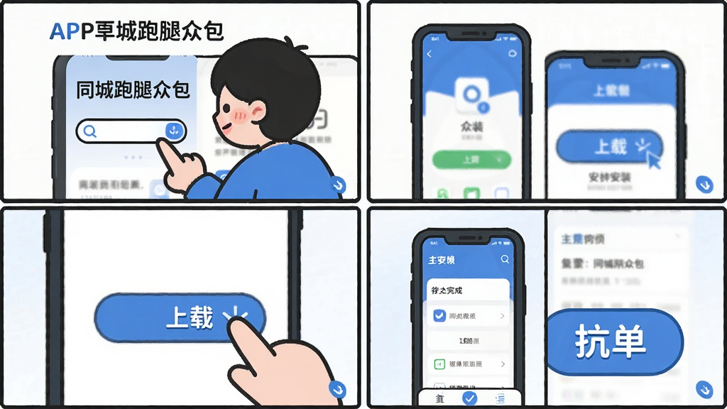 一张四格漫画风格的教学图,第一格一个人在手机应用商店搜索“同城跑腿众包”,第二格点击下载按钮,第三格APP安装完成并打开,第四格显示主界面并有一个大大的“抢单”按钮,画风简洁可爱,蓝白配色,画质清晰干净