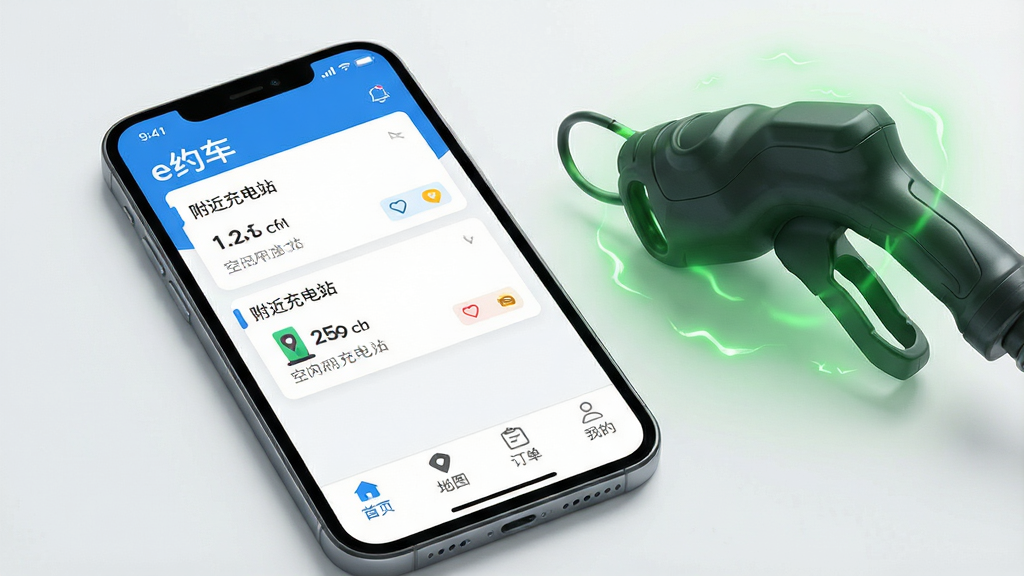 һ�������ֻ���Ļ��д����Ļ����ʾ��eԼ����APP�������棬��������ɫ�Ͱ�ɫΪ��ɫ����������ʾ���������վ���б���ÿ��վ�㿨Ƭ������ע���г��׮�����;��룬�ײ��������С���ҳ��������ͼ�����������������ҵġ��ĸ�ͼ�꣬�ֻ��Ա߷���һ�ѳ��ǹ����ɫ������Ч���������ִ���࣬���廭�ʣ��ɾ��޶���Ԫ��