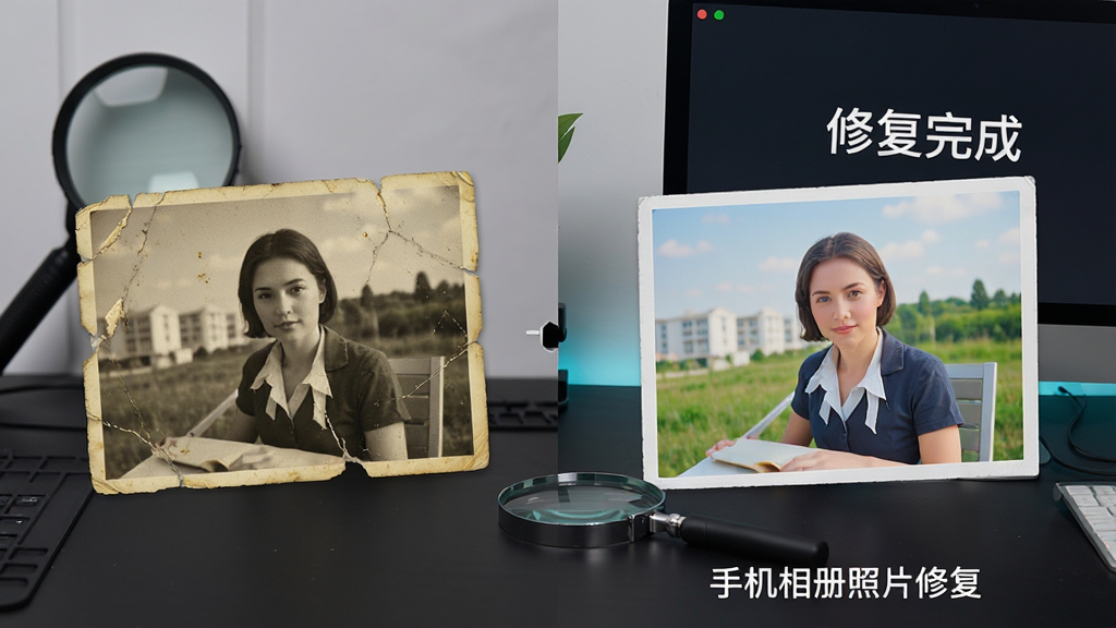 一张对比效果图,左侧是破损泛黄的旧照片,右侧是经过“手机相册照片修复”软件处理后的同张照片,画面变得清晰干净,色彩自然鲜艳。背景是深色工作台,放大镜和电脑显示器在旁,显示器屏幕显示“修复完成”字样,布局左右对比明显,风格专业科技感,细节丰富,画质干净无多余元素。