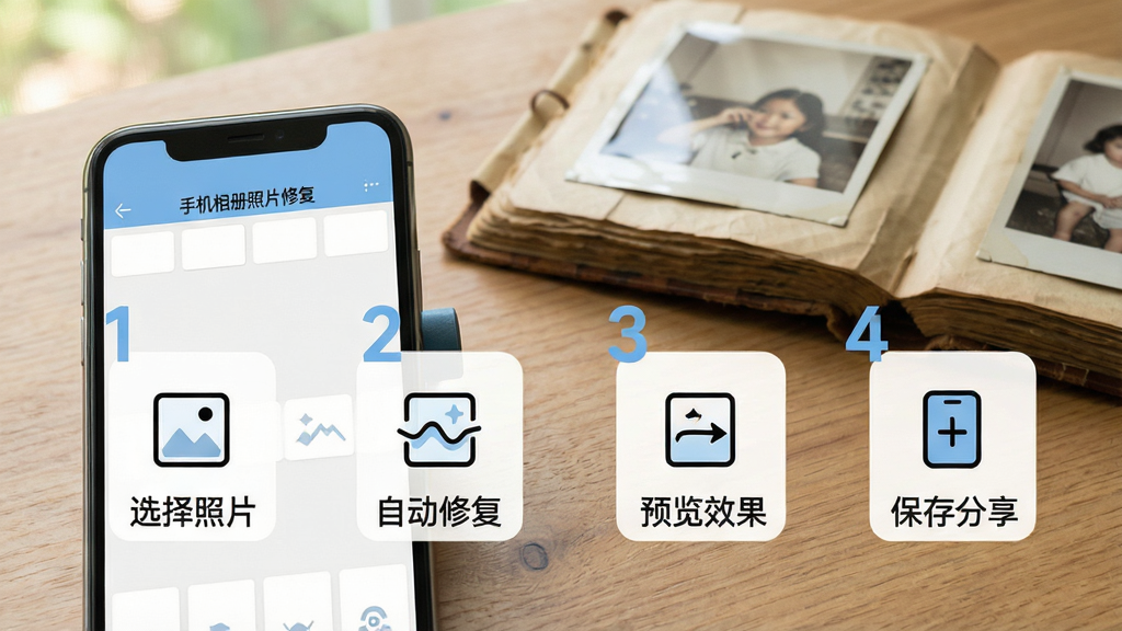 一张智能手机操作演示图,屏幕显示“手机相册照片修复”软件的操作步骤,用数字序号标注1选择照片、2自动修复、3预览效果、4保存分享,每个步骤配有简单图标,背景是木桌和旧相册,风格清新简洁,画质干净无多余元素。