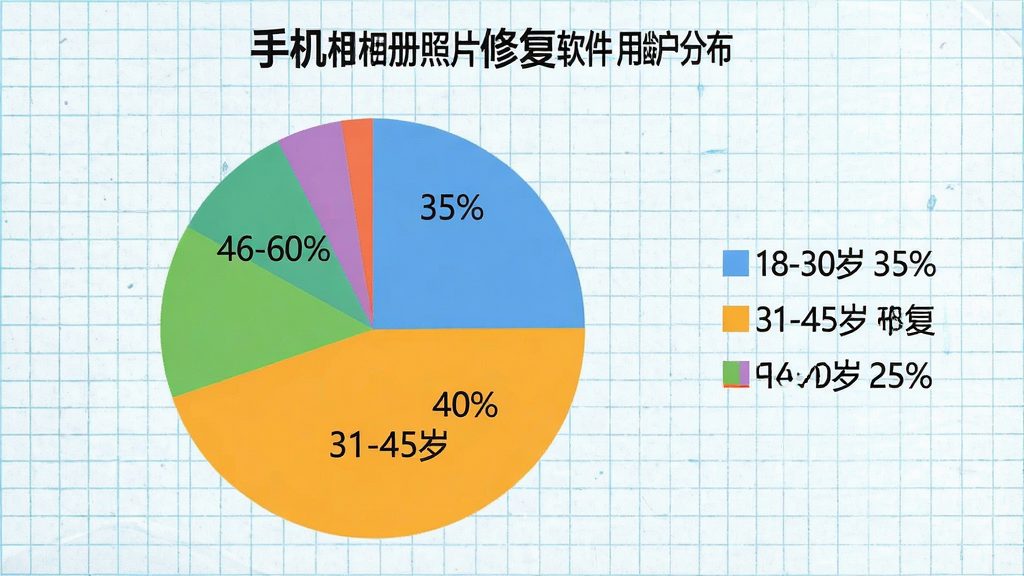 一张用户评价数据图表,以饼状图形式展示使用“手机相册照片修复”软件的用户年龄分布,18-30岁占35%,31-45岁占40%,46-60岁占25%,图表配色清新,背景为淡蓝色网格纸,饼图旁边有彩色图例说明,细节清晰,画质干净无多余元素。