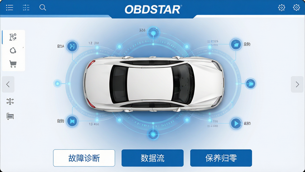 һ��չʾOBDSTAR����������ĸ����ͼ������������һ�����������İ�ɫ�γ�����ͼ��������Χ�����Ű�͸������ɫ���ݹ⻷����Ͻڵ㣬���涥���С�OBDSTAR��Ʒ��Logo���ײ��Ǽ��ġ�������ϡ������������������������㡱�����ܰ�ť��������Ƽ���ʮ�㣬������ɫΪ����UI����ִ���ƽ��������ͣ�ϸ�ڷḻ�����ʸɾ��޶���Ԫ�ء�