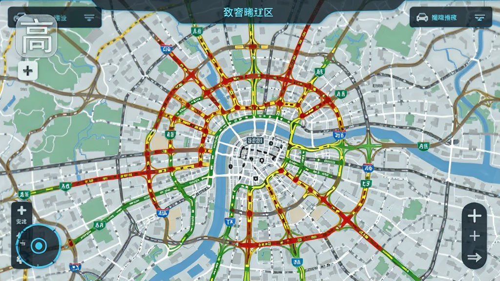 高地图显示城市实时路况,道路用红黄绿颜色标注拥堵程度,画面有“高”的水印,整体风格科技感,信息层次分明,地图细节丰富,画质清晰,无多余元素。