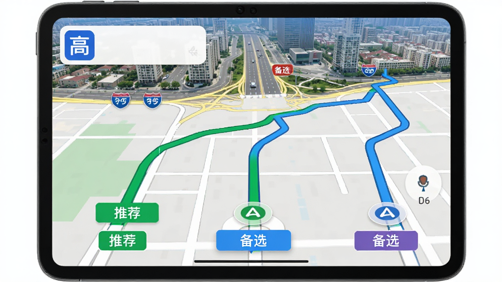 高地图导航的路线选择界面,屏幕上显示三条不同颜色的路线对比,绿色路线标注“推荐”,蓝色标注“备选”,界面有“高”品牌标识,背景是城市道路俯瞰图,风格清晰直观,画质细腻,无多余元素。