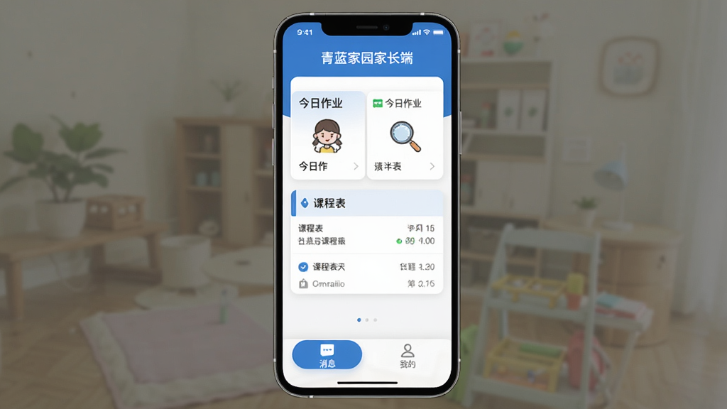 图片展示青蓝家园家长端App在手机上的主界面,界面以蓝白配色为主,顶部显示“青蓝家园家长端”字样,中部展示孩子今日作业和课程表卡片,下方有消息和我的两个导航按钮,整体风格简洁清爽,现代扁平化设计,画质干净无多余元素。