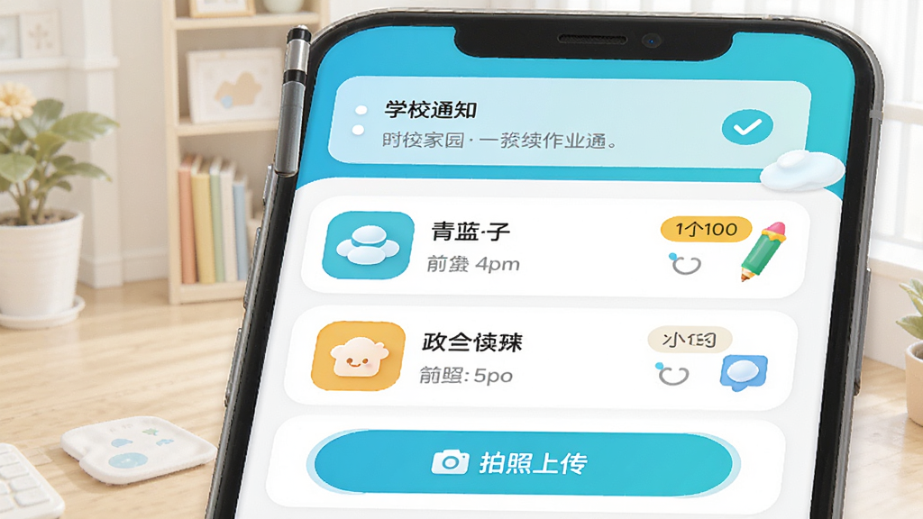 展示青蓝家园家长端App的作业通知页面,手机屏幕上有作业列表,每项作业带时间标签,下方有“拍照上传”按钮,顶部横幅显示“学校通知”并带已读回执图标,界面色彩明亮,图标圆润,画质高清。
