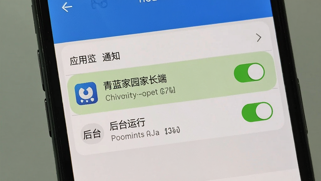 展示手机设置界面中应用权限管理页面,高亮显示“青蓝家园家长端”的通知权限和后台运行权限开关,背景为手机系统设置界面,风格写实,界面清晰,画质干净。