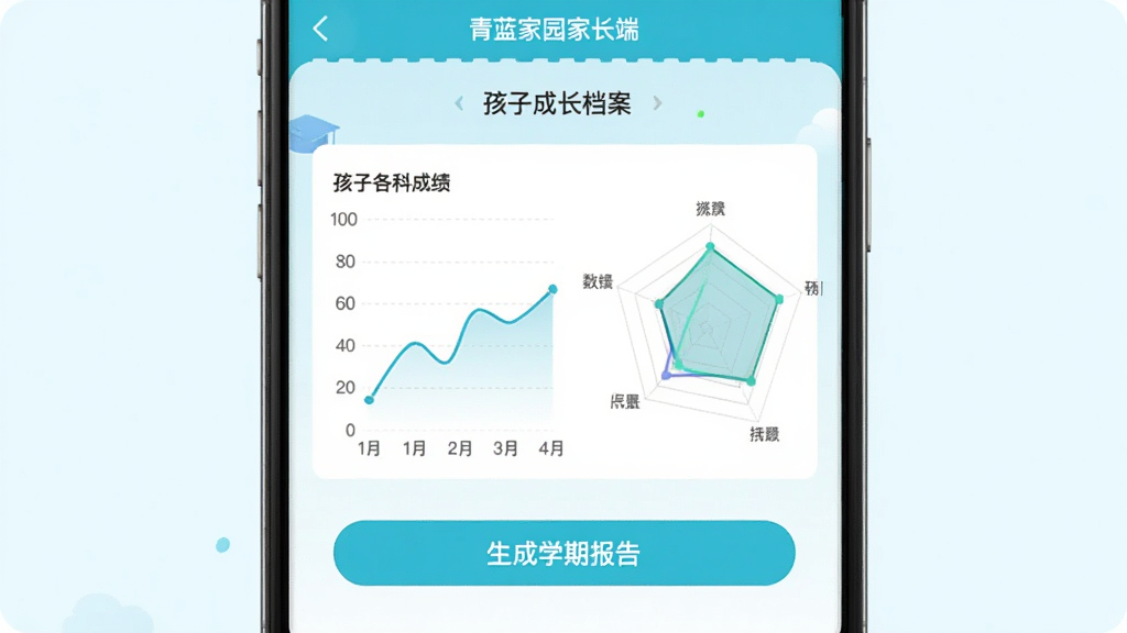 展示青蓝家园家长端App的成长档案界面,屏幕上显示孩子各科成绩的折线图和雷达图,下方有“生成学期报告”按钮,背景为浅蓝色,界面布局清晰,数据可视化图表占主体,画质干净无多余元素。