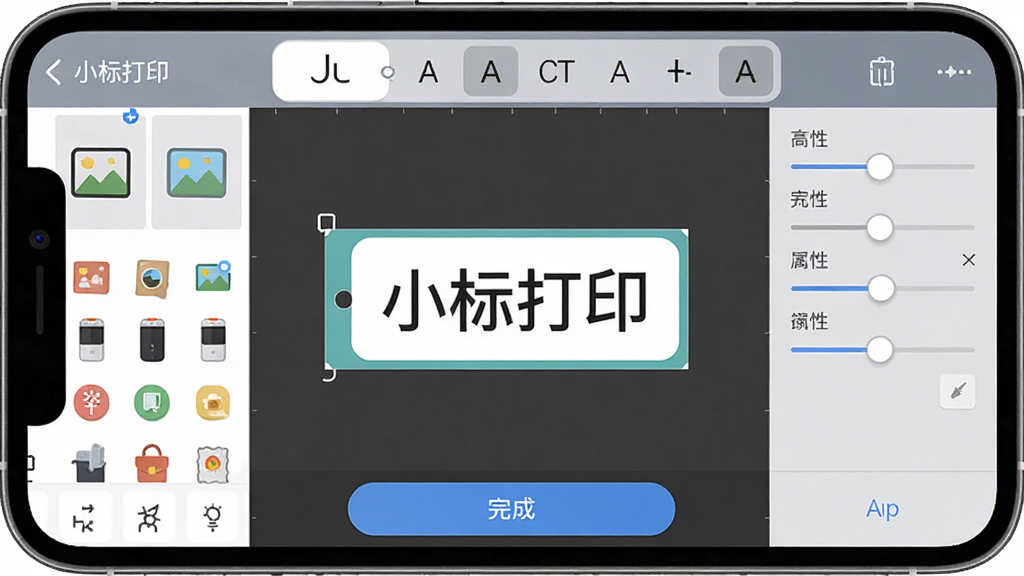 �ֻ���Ļ��д��ʾ��С���ӡ��App�ı༭���棬����������һ�����α�ǩ����ǩ�ڱ༭�����֡�С���ӡ�����Ϸ�������ѡ�����������ͼƬ��ͼ��⣬�Ҳ������Ե�����壬�ײ��С���ɡ���ť���������沼��������ɫ��Э���������ƽ�ִ������ʸɾ��޶���Ԫ��