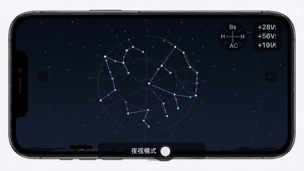 ���Ĺ۲�ʵʱ��ͼ���ܽ��棬�ֻ���Ļ��ʾָ����շ�����������ߣ����Ͻ��з�λ�Ǻ͸߶Ƚ����ݣ��ײ���ҹ��ģʽ���أ���������������ʸɾ��޶���Ԫ��