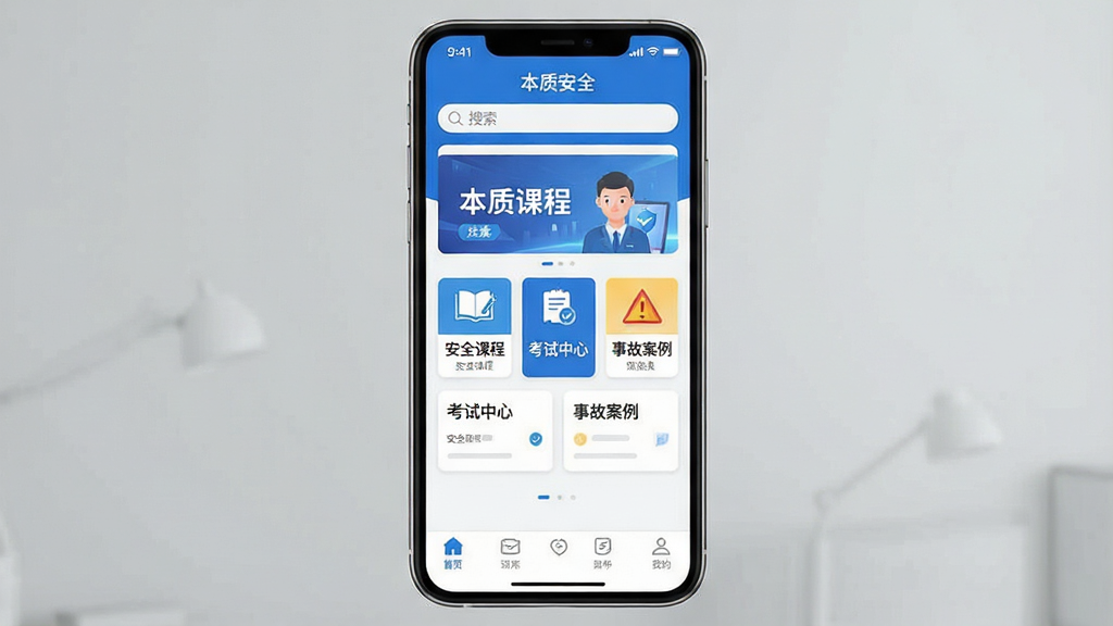 һ���ֻ���Ļռ�ݻ������ģ���Ļ����ʾ�����ʰ�ȫ��APP�����棬���ü��ı�ƽ����Ʒ����ɫ��Ϊ��ɫ�Ͱ�ɫ�����沼���������Ϸ�����������Bannerλ���в���ģ�黯��Ƭ��ʽչʾ����ȫ�γ̡������������ġ������¹ʰ����������ݣ��·�Ϊ�ײ����������������ִ����ɾ������ʸ��壬�޶���Ԫ�ء�