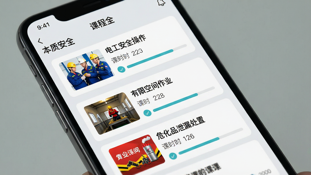 һ���ֻ���Ļ��д����Ļ����ʾ�����ʰ�ȫ��App�Ŀγ��б�ҳ�棬ҳ�汳��Ϊǳ��ɫ�����б���ʽչʾ���繤��ȫ�������������޿ռ���ҵ������Σ��Ʒй©���á��ȿγ̿�Ƭ��ÿ����Ƭ�����γ̷���ͼ�����ơ���ʱ����ѧϰ�������������������������׶�������ִ������ʸɾ����޶���Ԫ�ء�