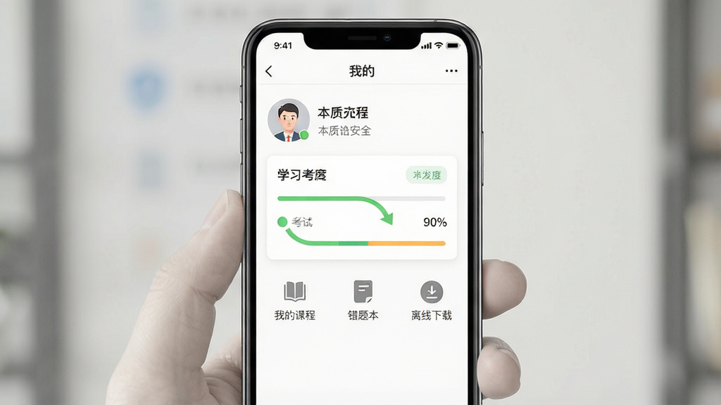 һ���ֻ�������ͼ����Ļ��ʾ�����ʰ�ȫ��App�ġ��ҵġ���������ҳ�棬�����û�ͷ���ǳơ�ѧϰ����ͳ�ƿ�Ƭ���·��С��ҵĿγ̡������ҵĿ��ԡ��������Ȿ�������������ء��Ȼ�ɫͼ��˵���ҳ�汳��Ϊ��ɫ�������������������ʸɾ����޶���Ԫ�ء�