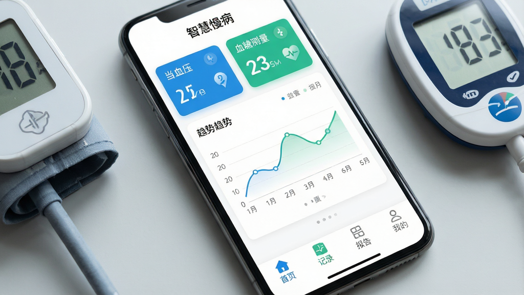 一张智能手机屏幕特写,屏幕中央显示「智慧慢病」APP主界面,界面设计简洁现代,以白色为底色,搭配蓝色和绿色健康主题色,顶部展示当日血压和血糖测量数据卡片,中间是清晰的趋势折线图,底部有「首页」「记录」「报告」「我的」四个底部导航栏,手机旁边放置一个电子血压计和血糖仪,背景为浅灰色桌面,整体风格干净明亮,画质干净无多余元素。