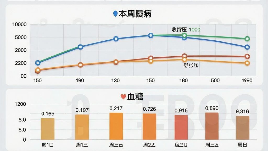 一张「智慧慢病」APP数据趋势截图模拟图,界面上半部分显示本周血压的折线图,标注「收缩压」和「舒张压」两条不同颜色的曲线,纵轴刻度为毫米汞柱,下半部分显示血糖的柱状图,每个柱子标注日期和数值,图表背景为浅灰色网格,整体风格清晰简洁,数据点用圆点强调,画质干净无多余元素。