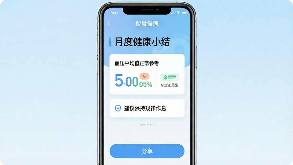一张「智慧慢病」APP健康报告界面的屏幕截图模拟图,报告标题为「月度健康小结」,下方用卡片形式展示血压平均值的正常范围参考,以及一条建议「建议保持规律作息」,报告底部有「分享」按钮,背景为淡蓝色渐变,整体风格专业清晰,画质干净无多余元素。