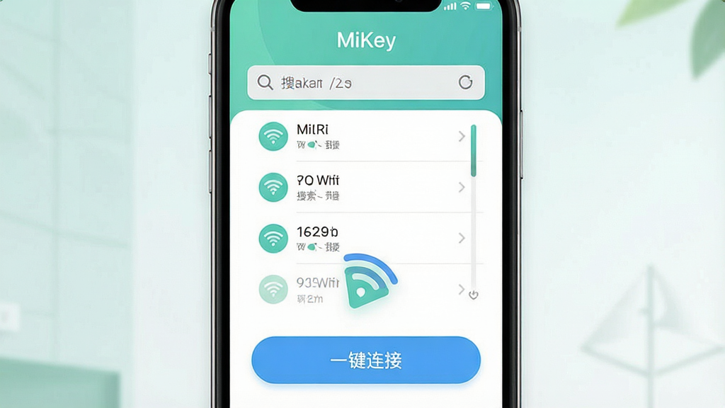 һ��չʾMiKey����������ĸ���ͼƬ���������ֻ���Ļ�ڼ���WiFi���ӽ��棬���־��У�����ִ���ƽ��ϸ��Բ�󣬻��ʸɾ��޶���Ԫ�أ�������ʾ��MiKey����������������WiFi�б����ײ�����Ŀ�ġ�һ�����ӡ���ť������ɫ�����£�ͻ����ݺͰ�ȫ��