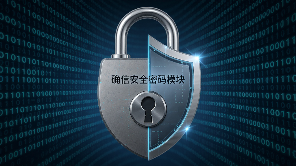 一张数字锁和盾牌结合的3D渲染图片,锁体上刻有“确信安全密码模块”字样,背景为科技感十足的二进制代码流,整体氛围安全可靠,布局居中,画质清晰。
