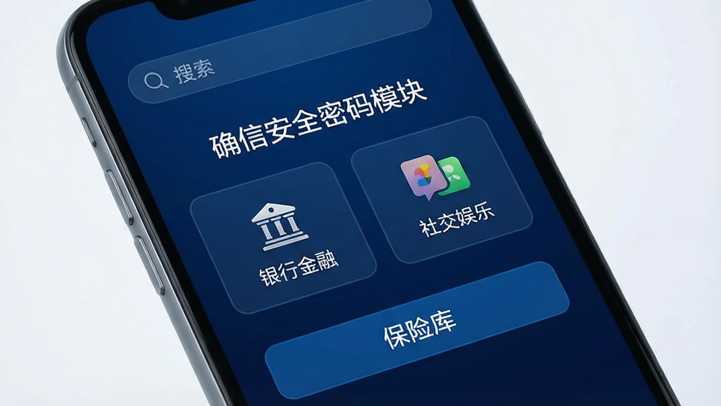 一张智能手机屏幕的特写,屏幕上显示“确信安全密码模块”的主界面,采用深蓝色科技感设计风格,界面布局清晰,上方有搜索栏,中间是分类图标如“银行金融”、“社交娱乐”,下方是“保险库”按钮,整体风格简洁现代,画质干净,无多余元素。