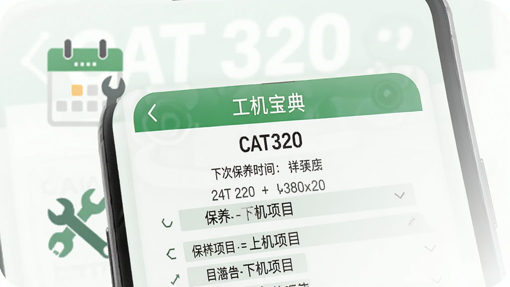 �ֻ���Ļչʾ���������䡱�ı�������֪ͨ��������ʾ�豸���ơ�CAT320�����´α���ʱ�䡢������Ŀ�б��������������Ͱ��ֵ�Сͼ�꣬��Ʒ���࣬��ɫΪ��ɫ�������ʸɾ����޶���Ԫ��