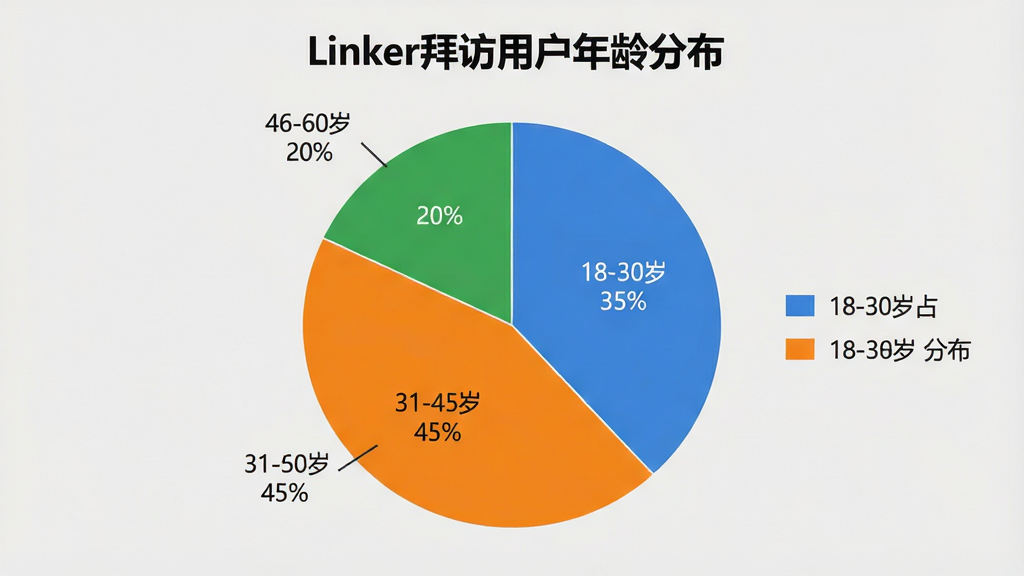 һ��չʾLinker�ݷ��û�����ȵı�״ͼ��ͼ������Ϊ��Linker�ݷ��û�����ֲ�������״ͼ��Ϊ���飬�ֱ��ע18-30��ռ35%��31-45��ռ45%��46-60��ռ20%����ɫ�ֱ�Ϊ��ɫ����ɫ����ɫ��ͼ������Ϊǳ��ɫ�����岼�ּ�����������Ϊ�ִ�����ͼ����ϸ�ڰ����ٷֱȱ�ǩ��ͼ�������ʸ��壬�ɾ��޶���Ԫ��