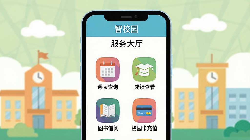 һ�ű�ƽ�����Ĳ廭������������һ���ֻ����ֻ���Ļ��ʾ����У԰���ġ����������ҳ�棬�������������š��α���ѯ�������ɼ��鿴������ͼ����ġ�����У԰����ֵ���Ȳ�ɫͼ�꣬�����Ǽ�Լ��У԰�����������ƶ䣬ɫ���������£��������������ʸɾ��޶���Ԫ�ء�
