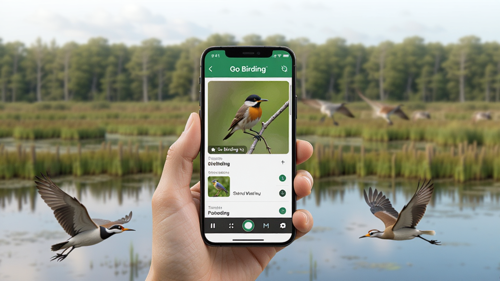 һ�ź�滧��羰ͼ���������ְֳ�װ��Go BirdingӦ�õ������ֻ�����Ļ��ʾ����������ʶ�����������б����������黯��ʪ�������֣�ǰ������ֻ�����ӹ������沼�����ֻ�Ϊ���ģ��������ף��Ű�������Ȼ�����дʵ������ϸ�ڷḻ�����ʸɾ��޶���Ԫ��