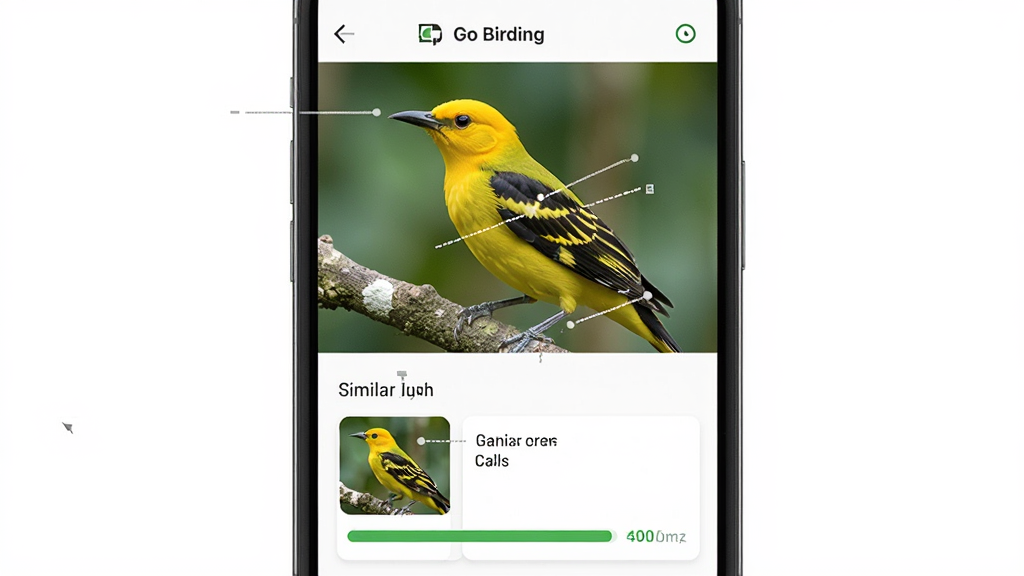 һ���ֻ�Ӧ�ý����ͼ���ͼƬ��������Go Birding������ʶ����ҳ����ʾһֻ�����ĸ�����Ƭ���·��г��������ֶԱȿ�Ƭ��ʶ�����Ŷ���������Ϊ���½ṹ���Ű����࣬����ִ���ƽ��ϸ�ڰ�����ë����������ע�ߣ����ʸɾ��޶���Ԫ��