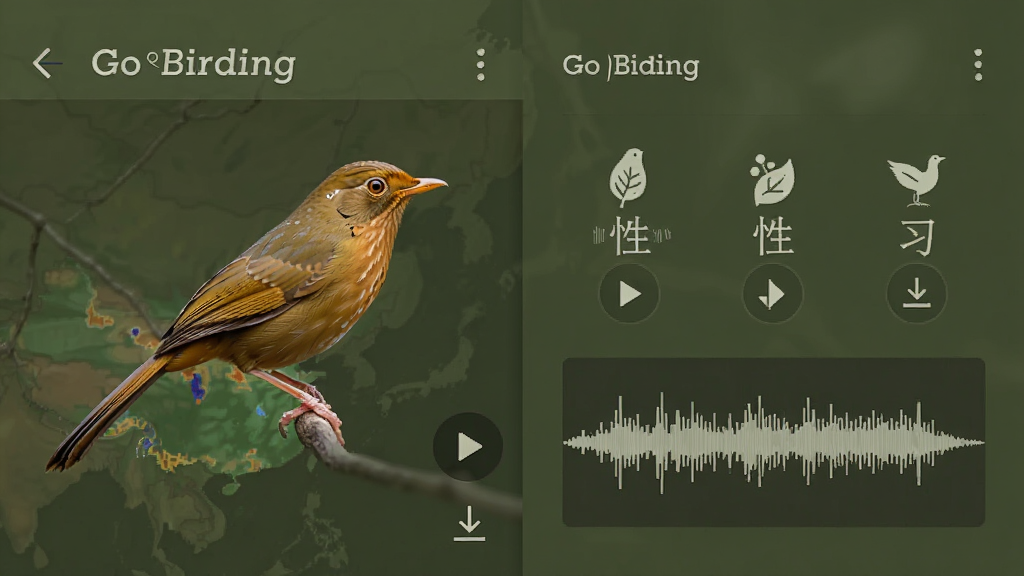 һ���ֻ�Ӧ�ý����ͼ���ͼƬ��������Go Birding����������ҳ����ʾһֻ��ü�񣬽��������ɫ�ֲ���ͼ��ϰ��ͼ�����Ƶ����ͼ������Ϊ���ҷ������Ű���������������գ�ϸ�ڰ������Ű�ť�����ؼ�ͷͼ�꣬���ʸɾ��޶���Ԫ��